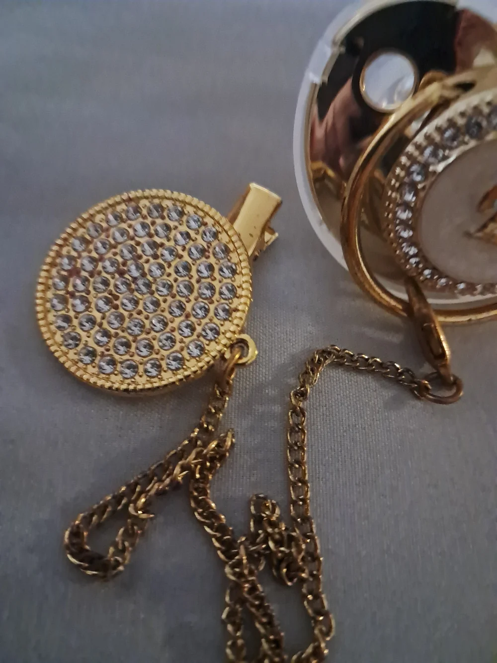 Gold Rhinestone Pacifier Clip with Initial E Charm